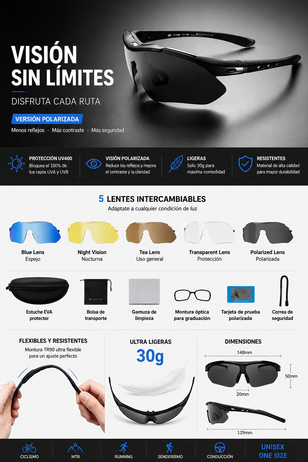 VISION X - GAFAS POLARIZADAS +5 LENTES. Ve más, ve mejor